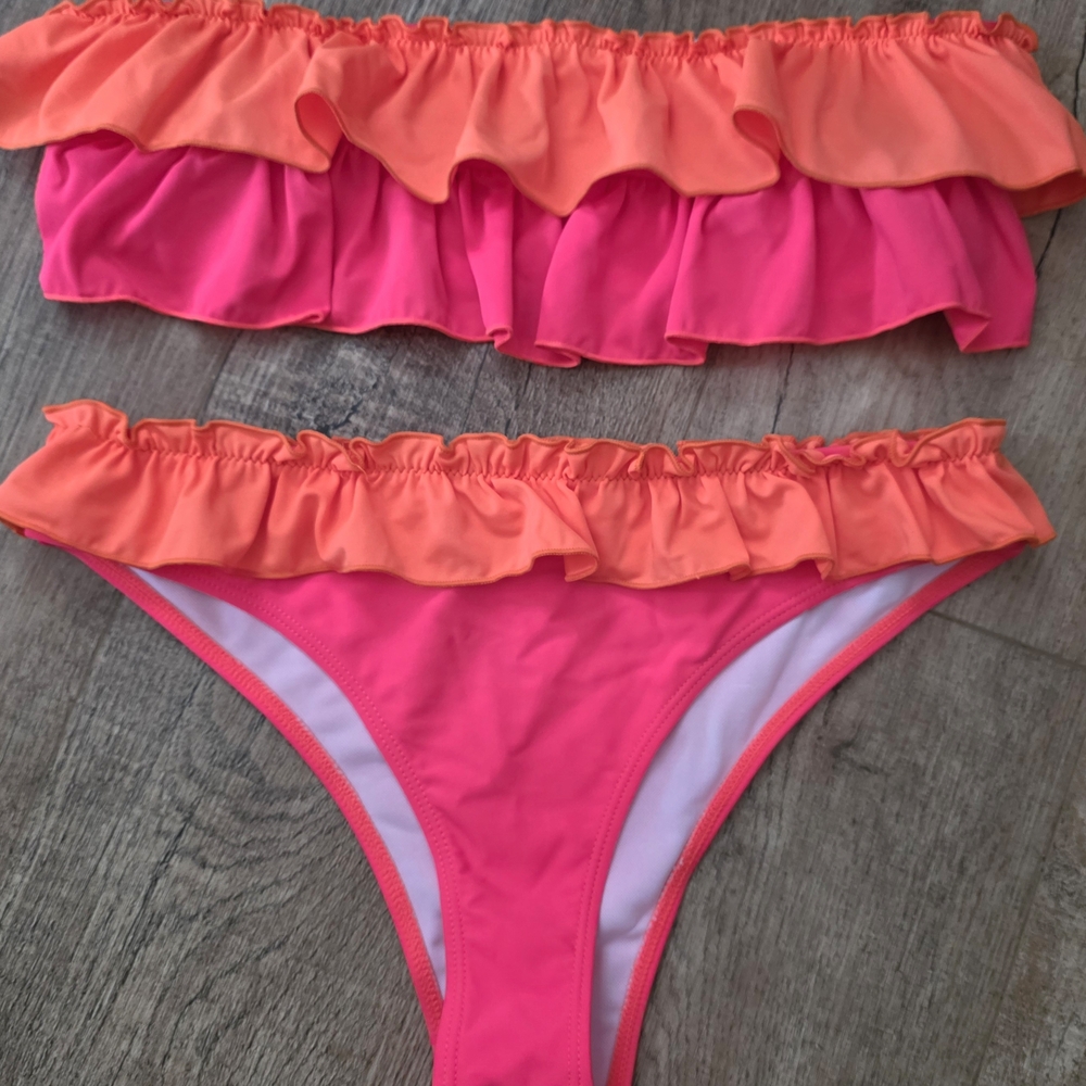 Ruffle Bandeau Bikini Set in Hot Pink and Coral
